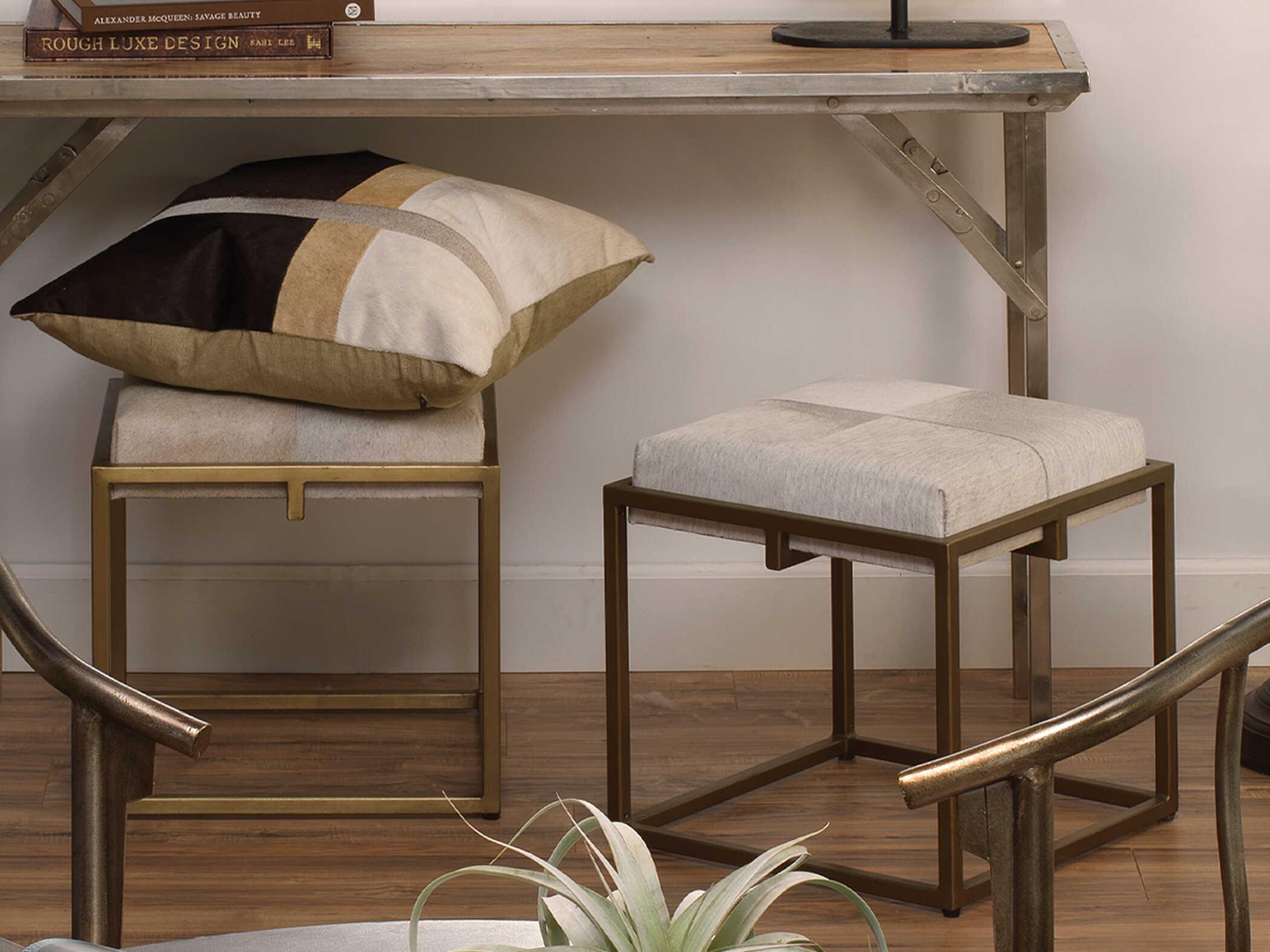 Jamie Young Shelby Antique Brass & White Hide Stool