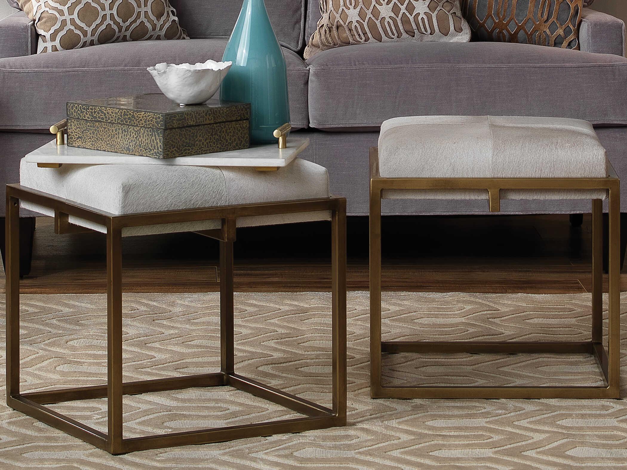 Jamie Young Shelby Antique Brass & White Hide Stool