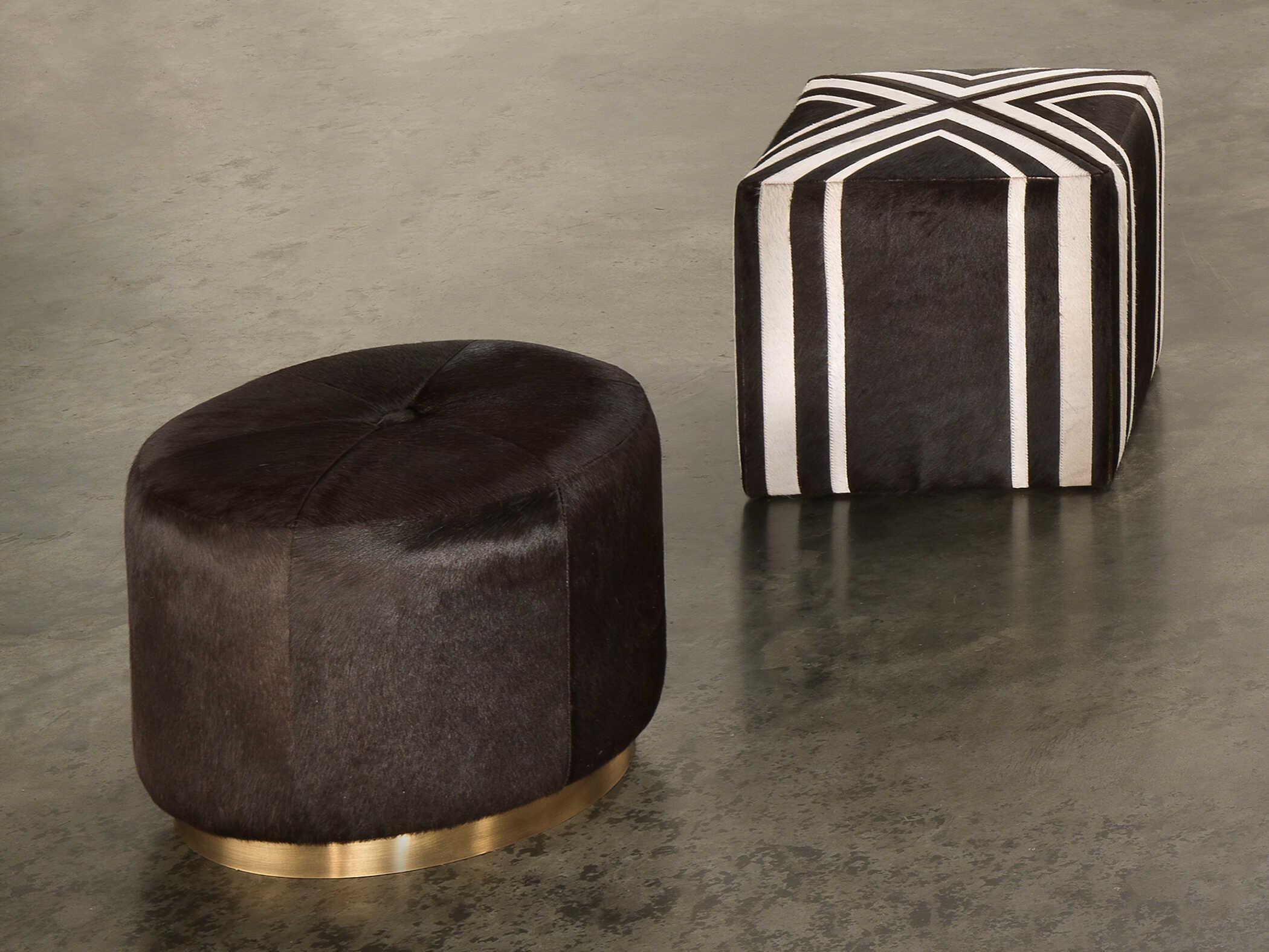 Jamie Young Espresso Hide Antique Brass Brown Leather Ottoman