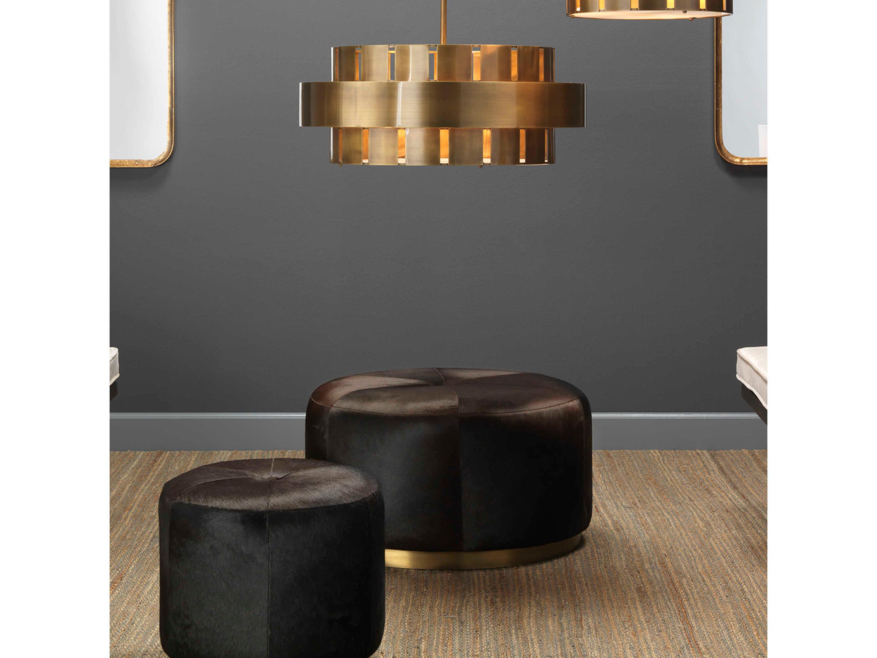 Jamie Young Espresso Hide Antique Brass Brown Leather Ottoman