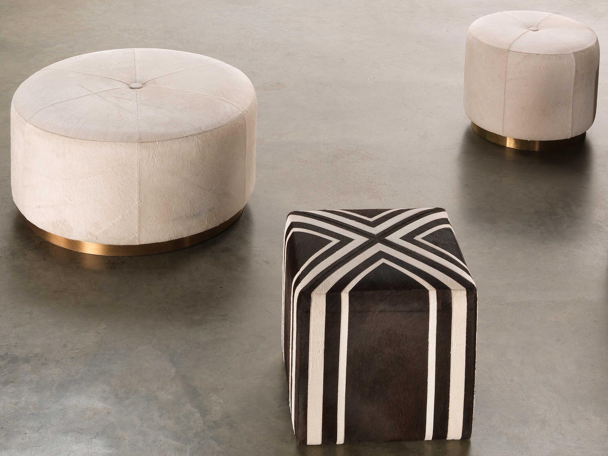 Jamie Young White Hide Antique Brass Gold Leather Ottoman