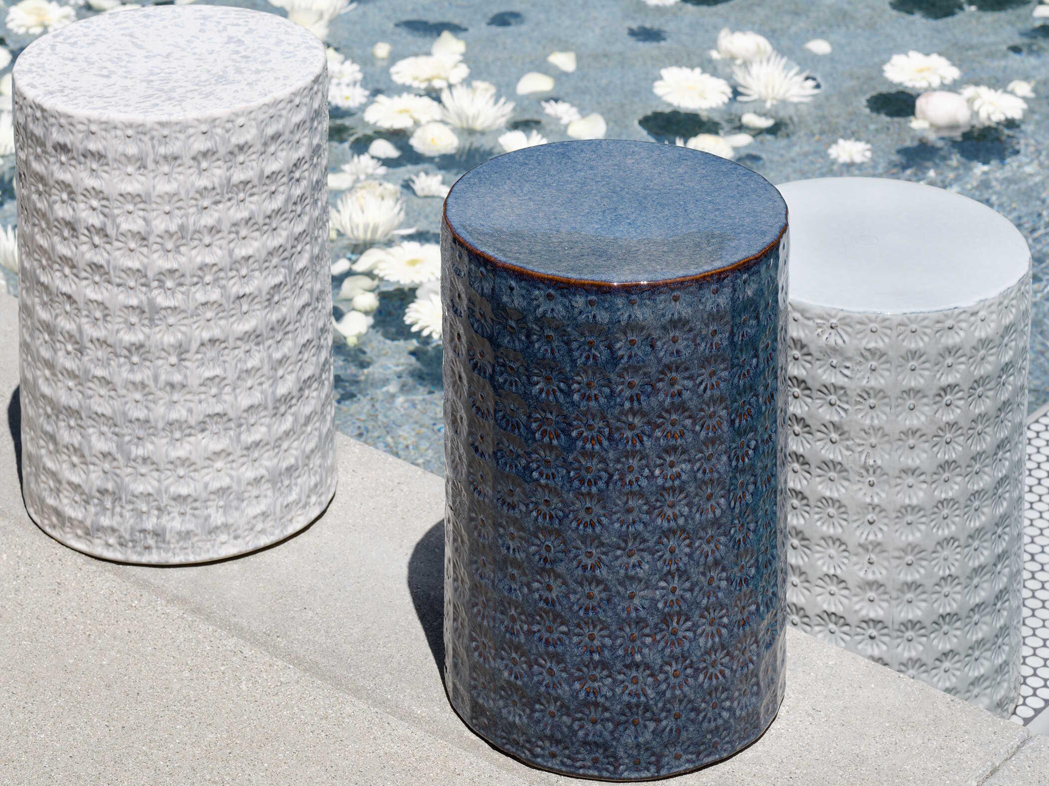 Jamie Young Wildflower Round Ceramic Dark Blue Grey End Table