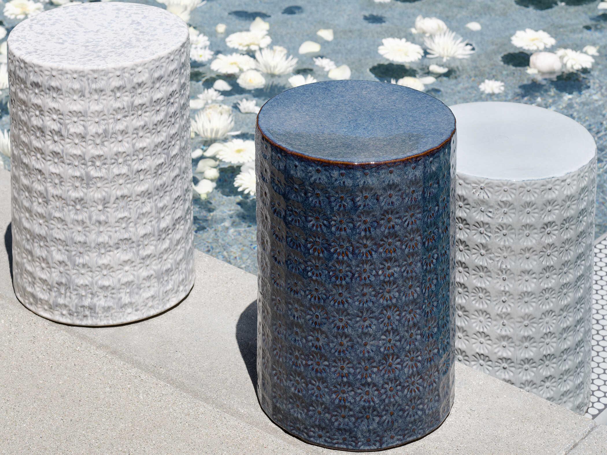 Jamie Young Wildflower Round Ceramic White Grey End Table