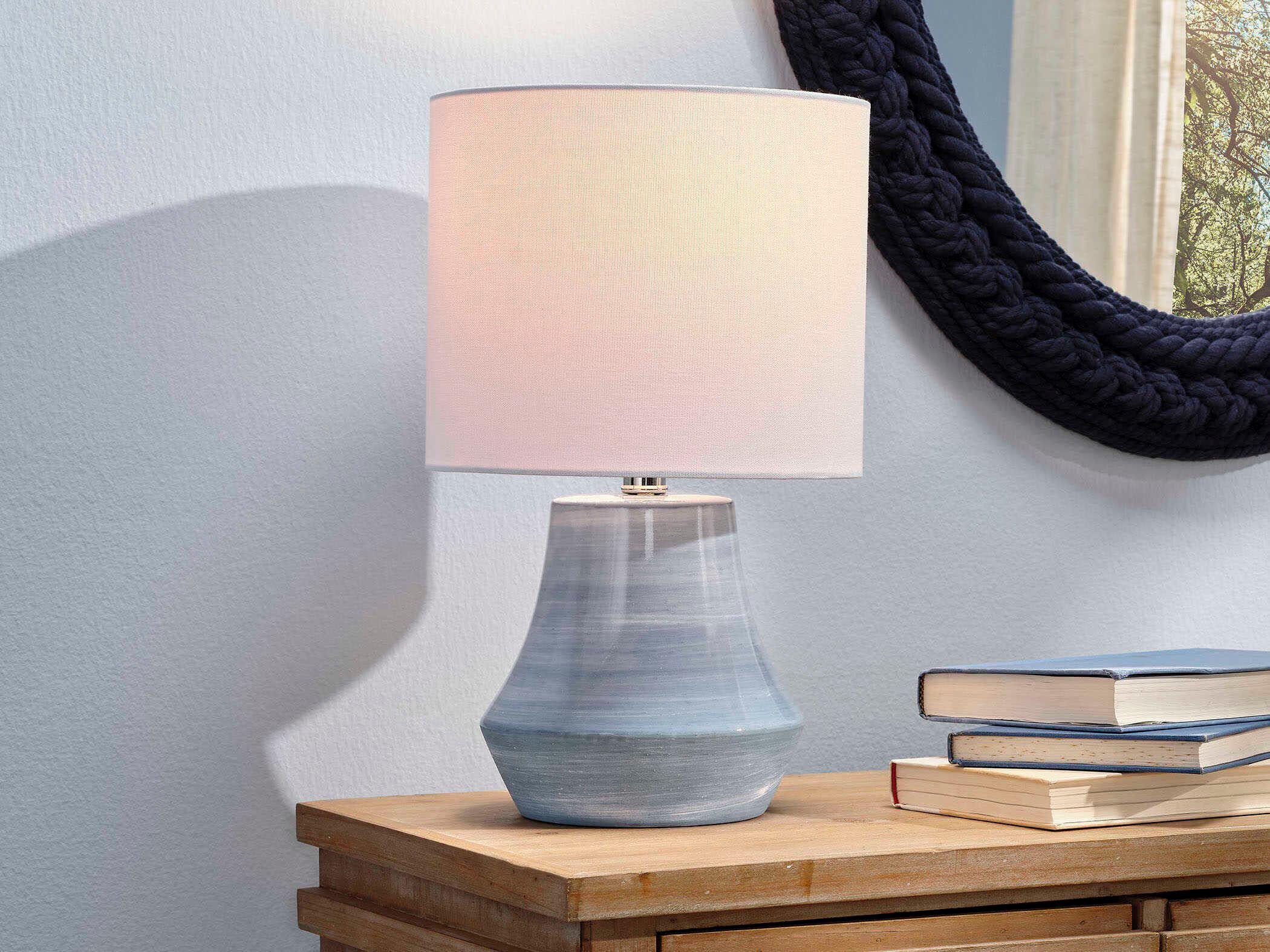 Jamie Young Cottage Blue Linen White Drum Table Lamp