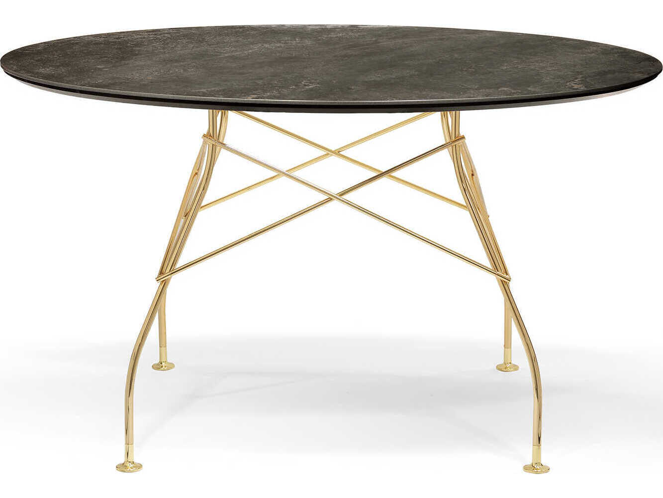Kartell Glossy Round Stone Marble Aged Bronze Gold Dining Table