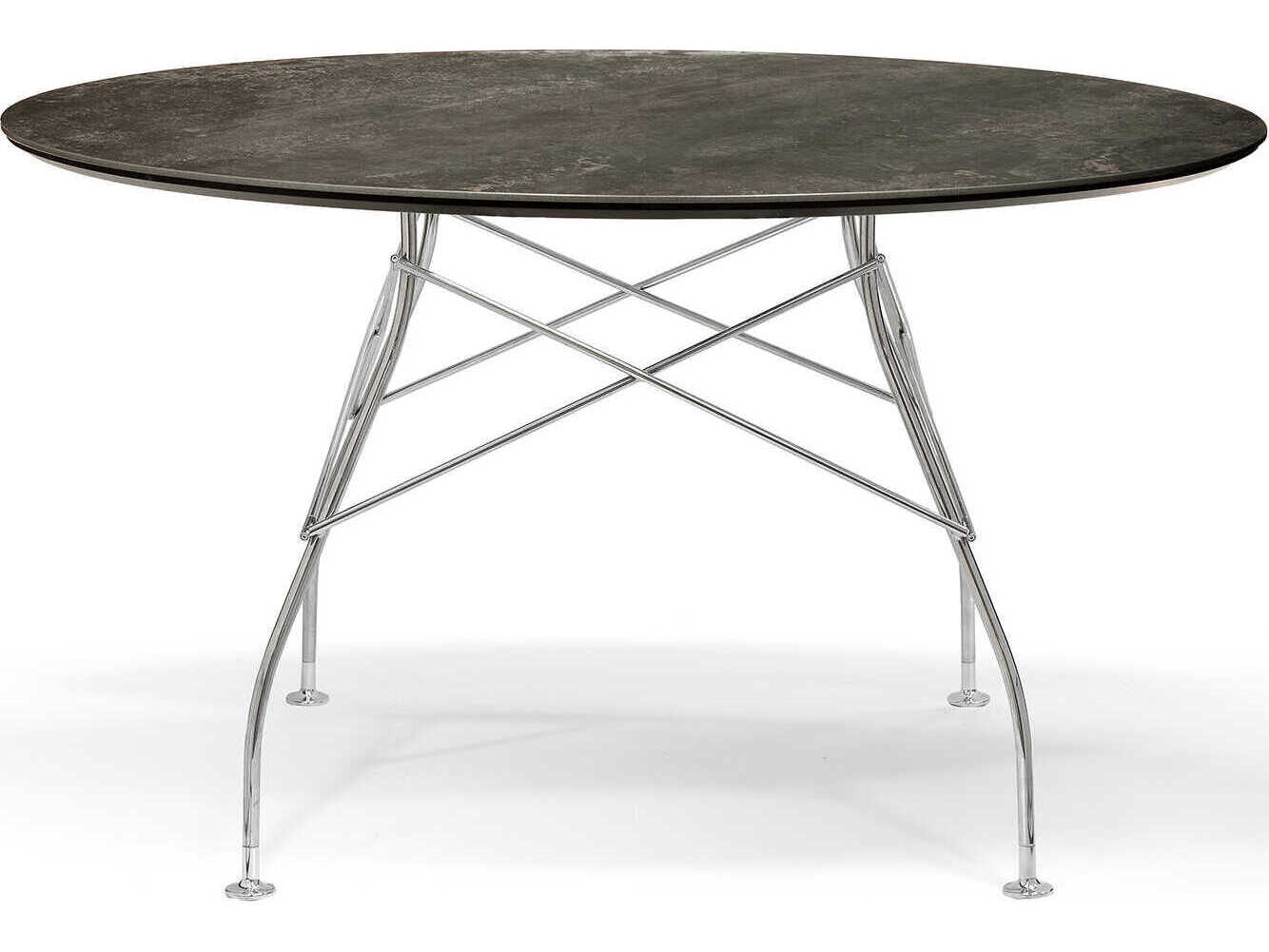 Kartell Glossy Round Stone Marble Aged Bronze Chrome Dining Table
