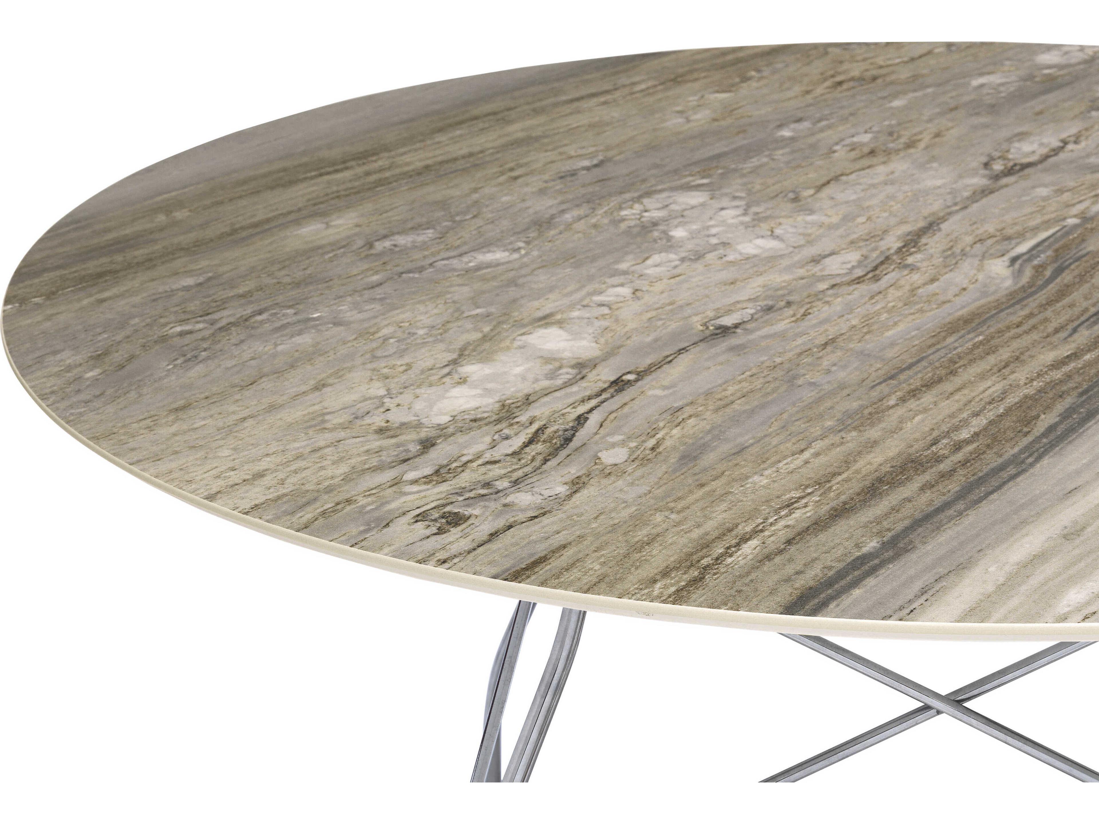 Kartell Glossy Round Stone Marble Gray Chrome Dining Table