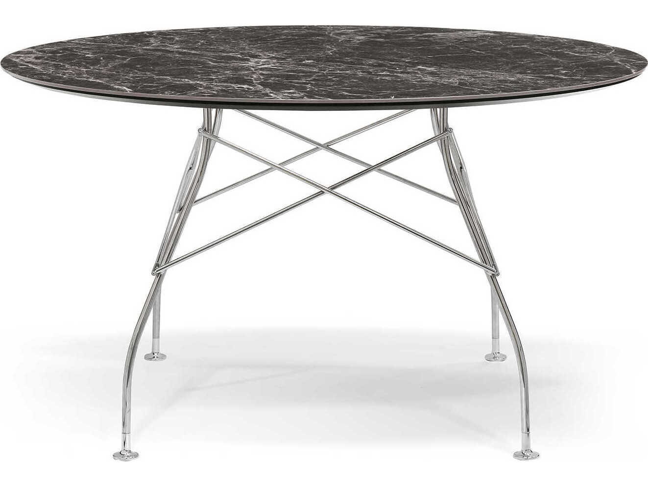 Kartell Glossy Round Stone Marble Brown Emperador Chrome Dining Table