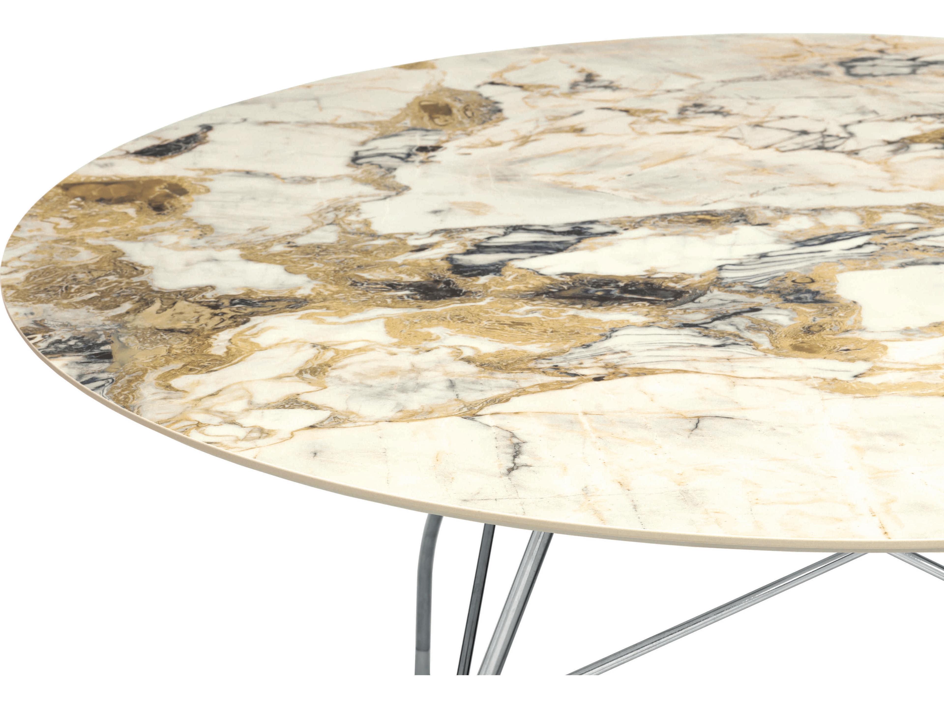 Kartell Glossy Round Stone Marble Symphonie Chrome Dining Table