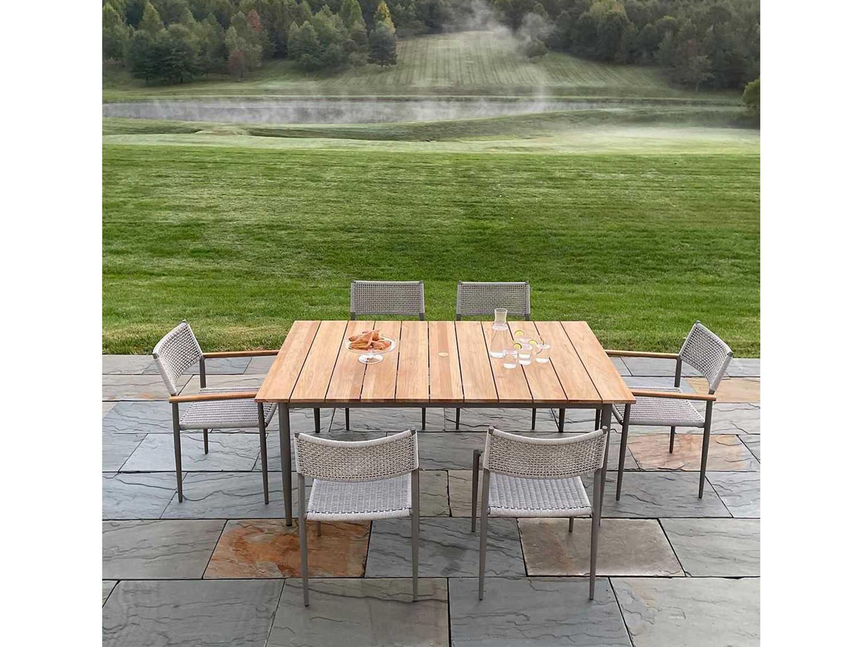 Kingsley Bate Special Order La Jolla Aluminum 72"W x 43.5"D Rectangular Teak Top Dining Table with Umbrella Hole