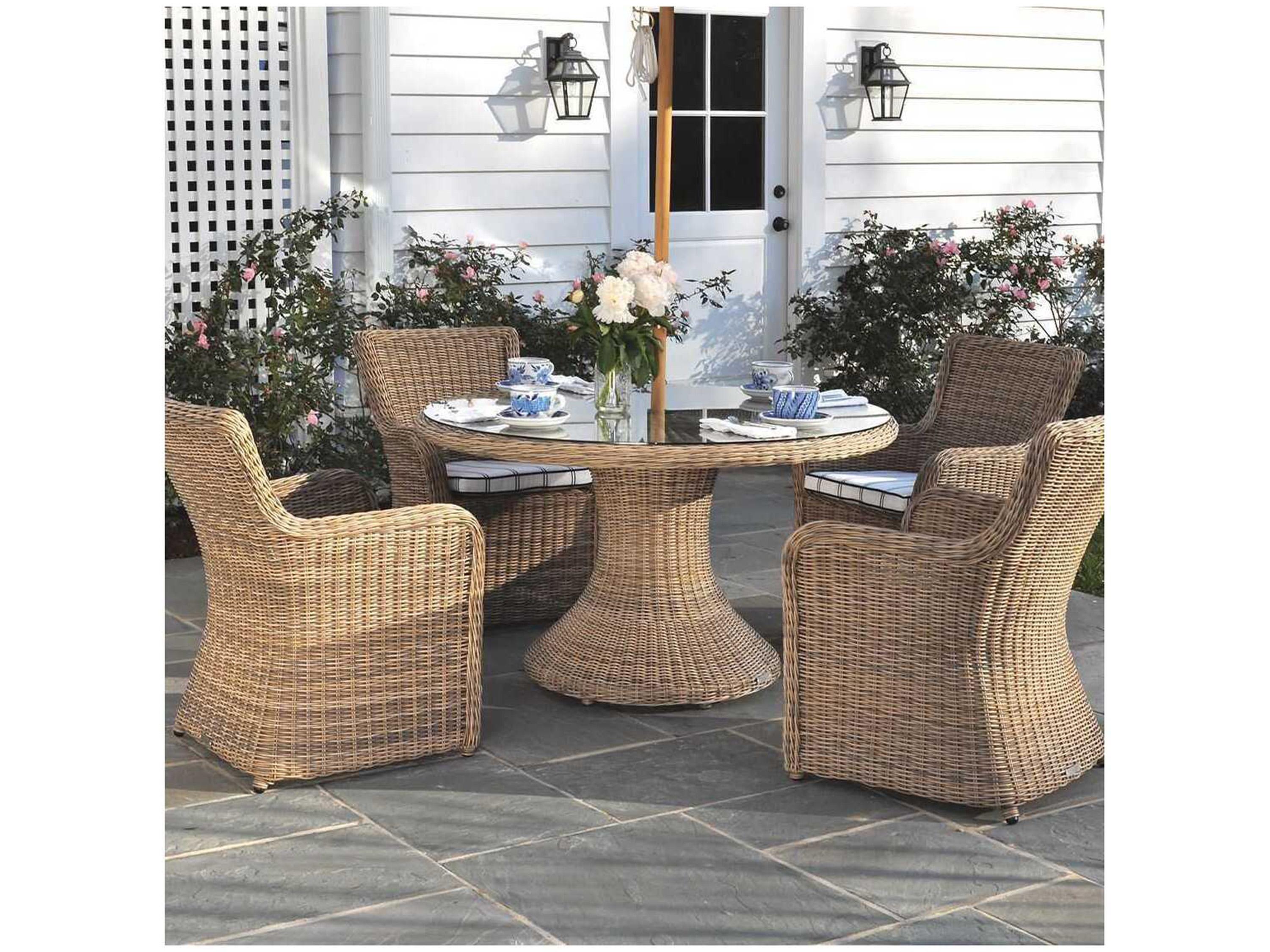 Kingsley Bate Sag Harbor Wicker 52" Wide Round Glass Top Dining Table with Umbrella Hole