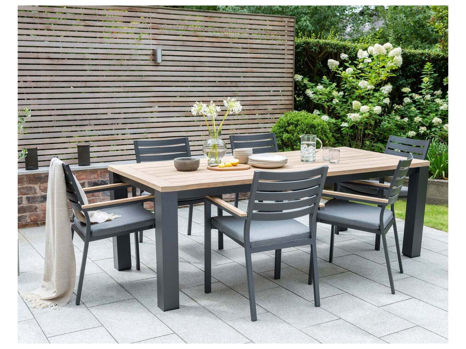 Kettler Elba Aluminum Charcoal Rectangular Teak Top Patio Dining Table
