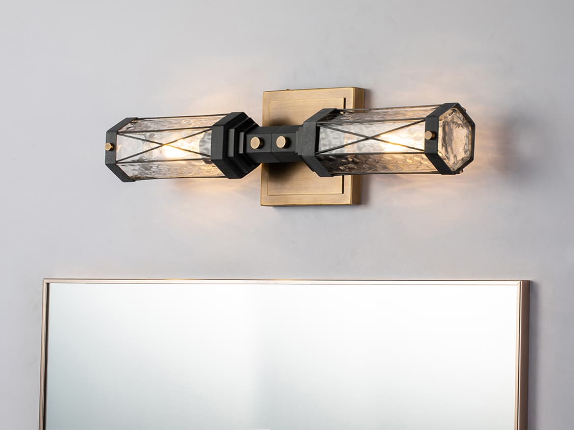 Lucas McKearn Abbey 2-Light Weathered Zinc Antique Brass Black Glass Vanity Light