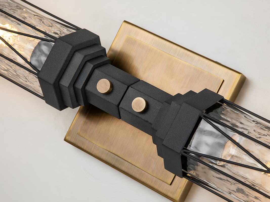 Lucas McKearn Abbey 2-Light Weathered Zinc Antique Brass Black Glass Vanity Light