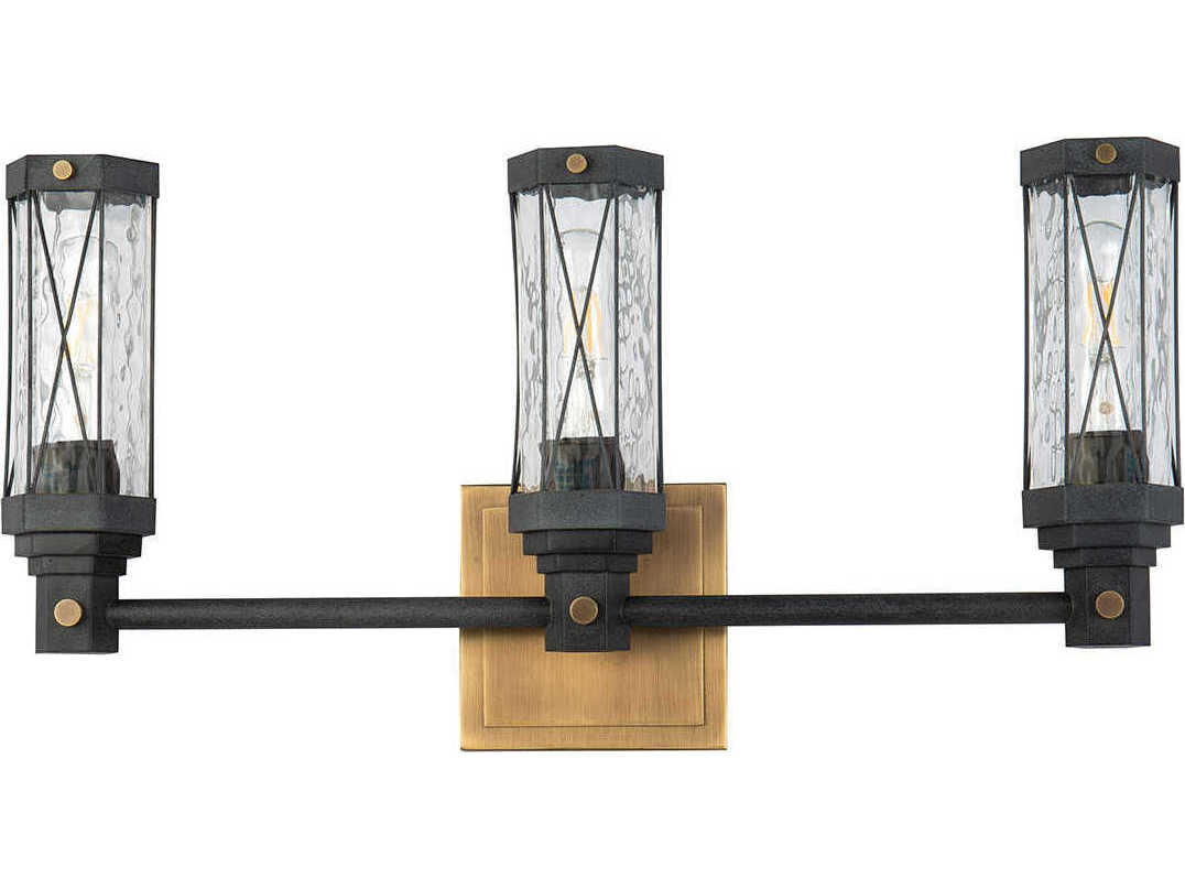 Lucas McKearn Abbey 3-Light Weathered Zinc Antique Brass Black Glass Vanity Light