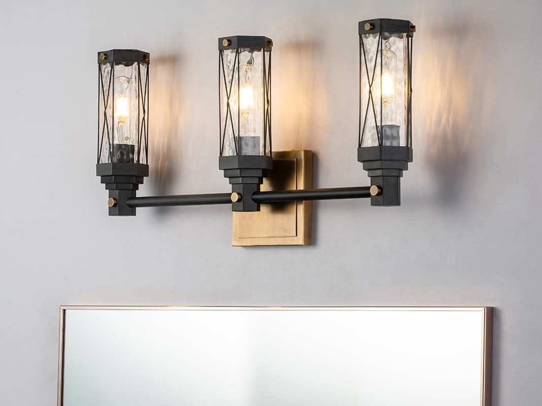 Lucas McKearn Abbey 3-Light Weathered Zinc Antique Brass Black Glass Vanity Light