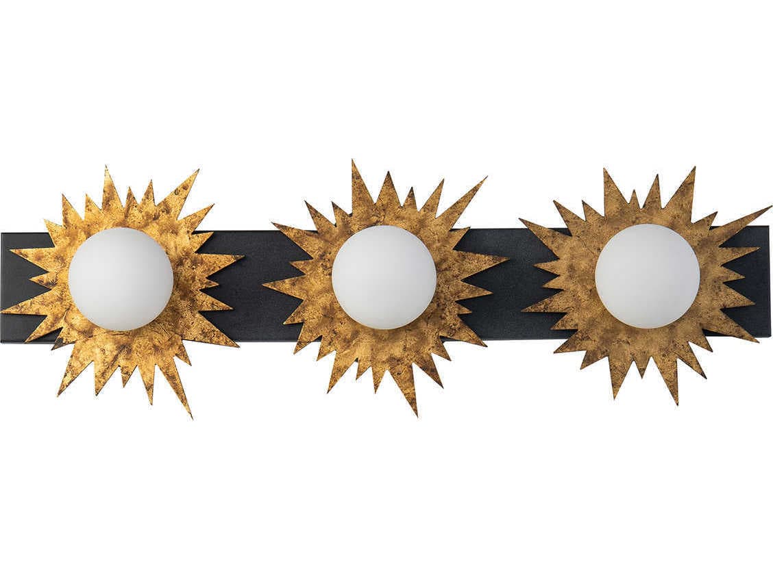 Lucas McKearn Soleil 3-Light Weathered Zinc Gold Black Glass LED Vanity Light