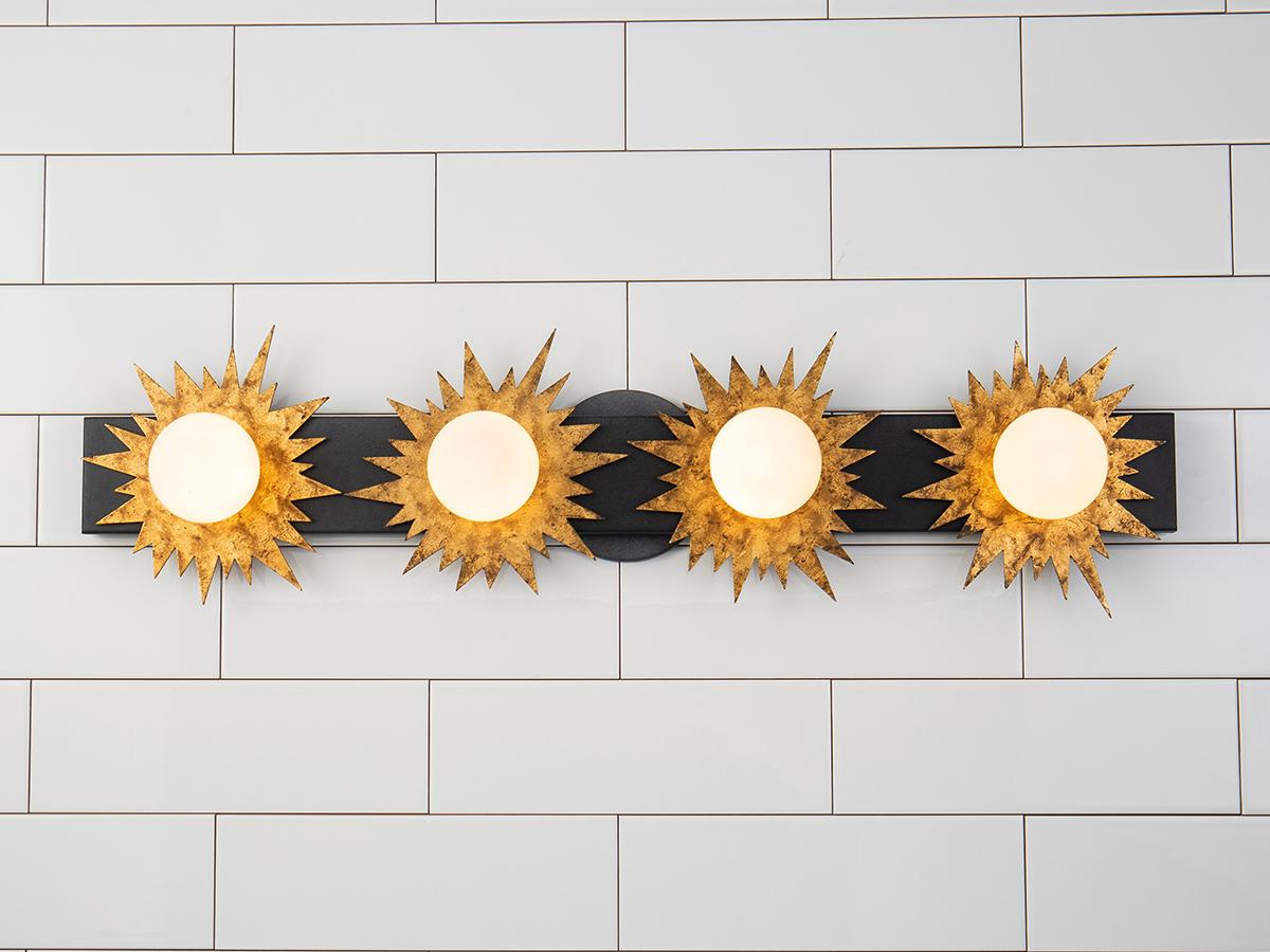 Lucas McKearn Soleil 4-Light Weathered Zinc Gold Black Glass LED Vanity Light