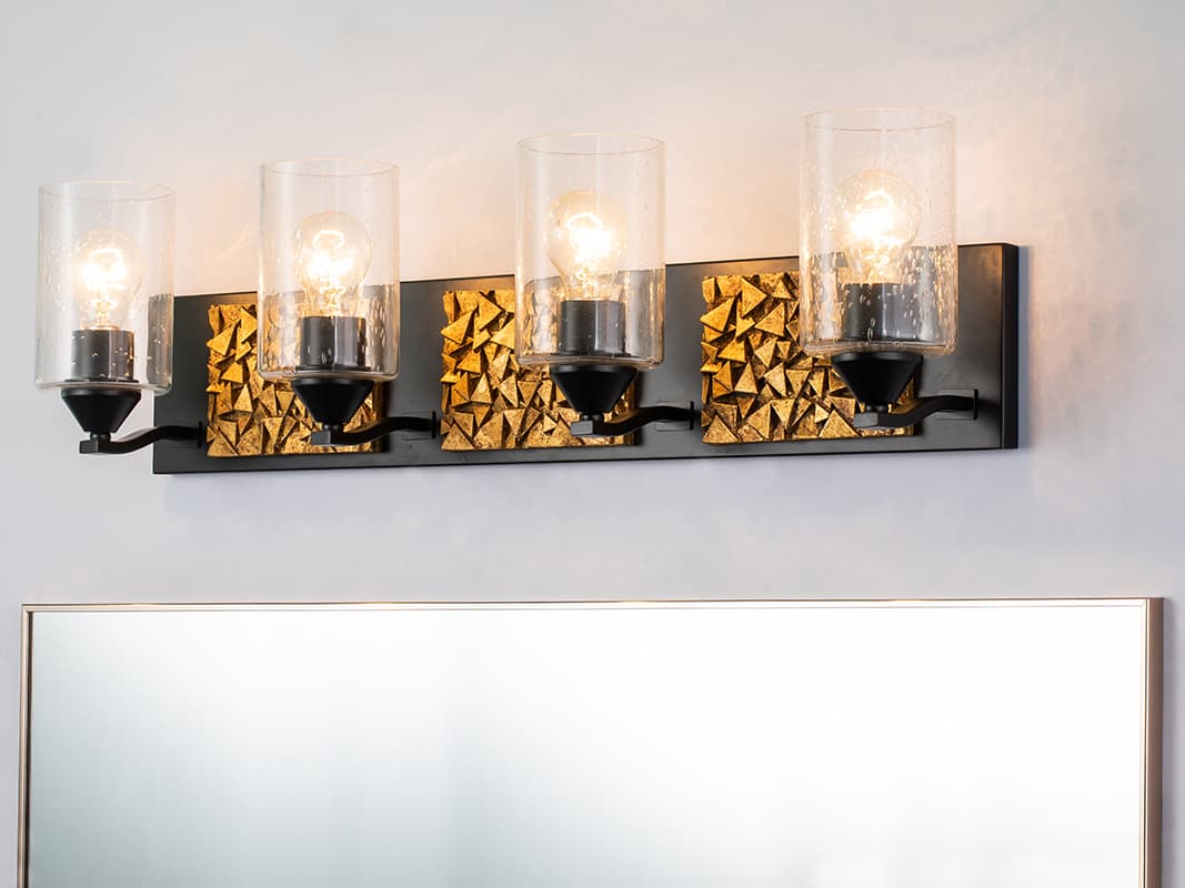 Lucas McKearn Bocage 4-Light Matte Black Antiqued Gold Leaf Glass Vanity Light