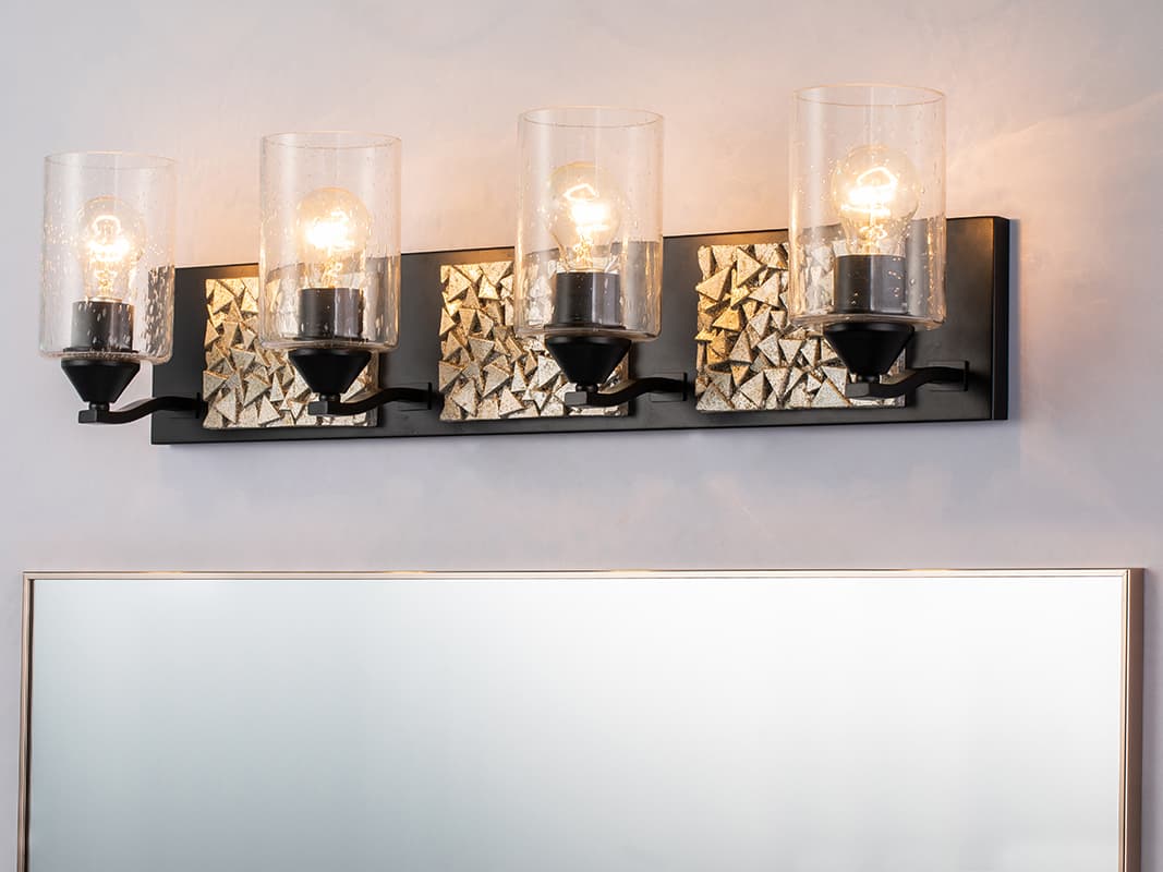 Lucas McKearn Bocage 4-Light Matte Black Antiqued Silver Leaf Glass Vanity Light
