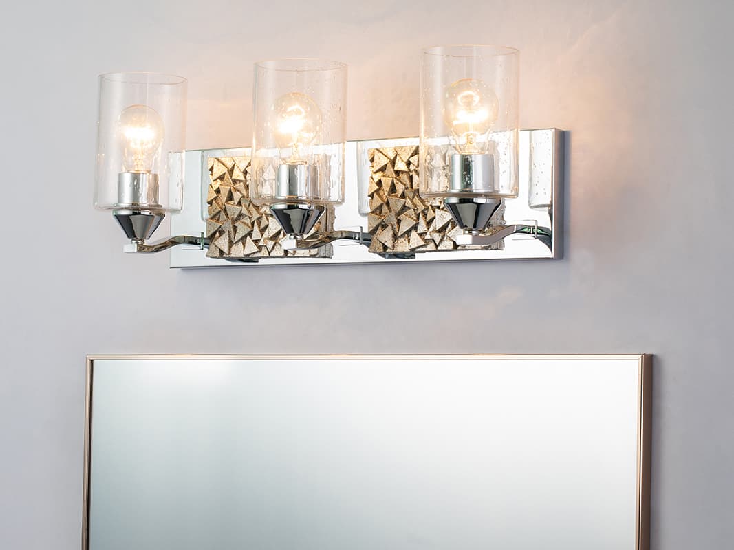 Lucas McKearn Bocage 3-Light Polished Chrome Antiqued Silver Leaf Glass Vanity Light