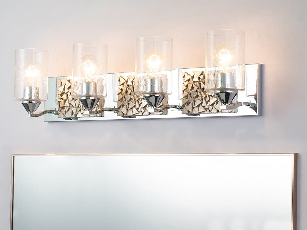 Lucas McKearn Bocage 4-Light Polished Chrome Antiqued Silver Leaf Glass Vanity Light
