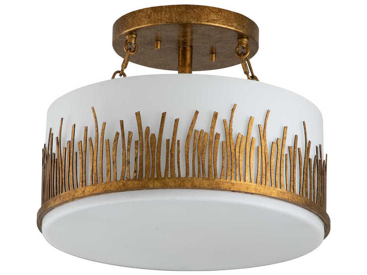 Lucas McKearn Sawgrass 3-Light Gold Glass Drum Round Semi Flush Mount