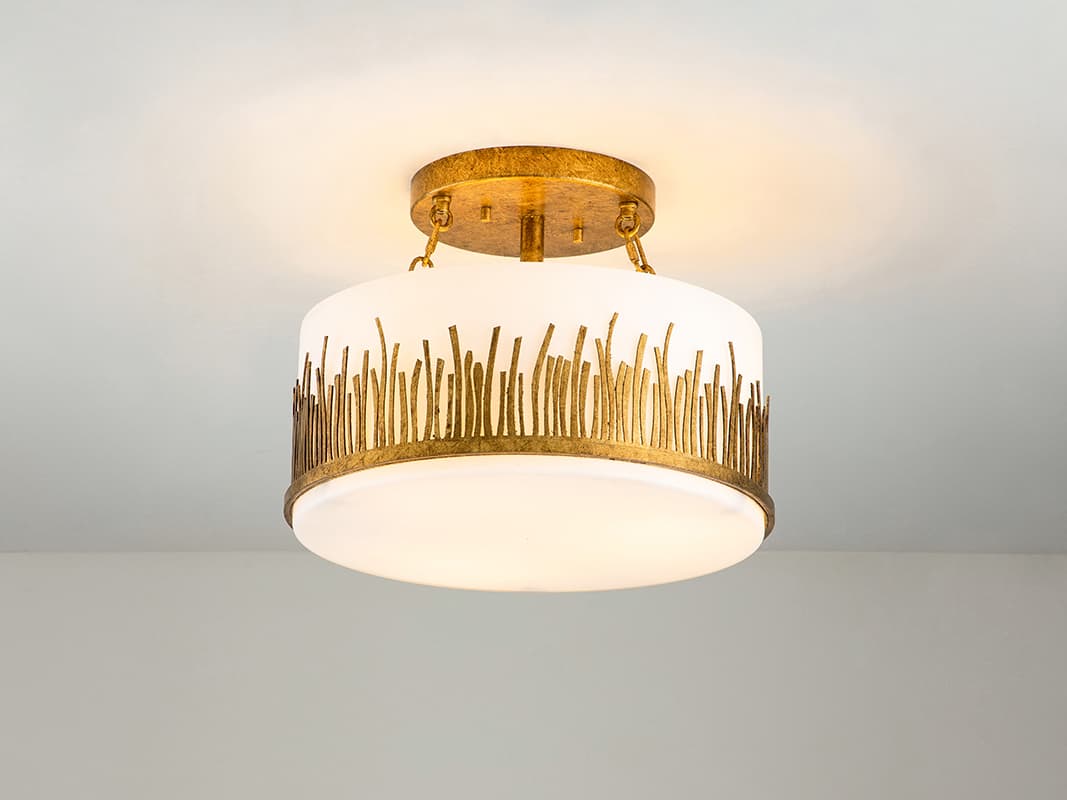 Lucas McKearn Sawgrass 3-Light Gold Glass Drum Round Semi Flush Mount