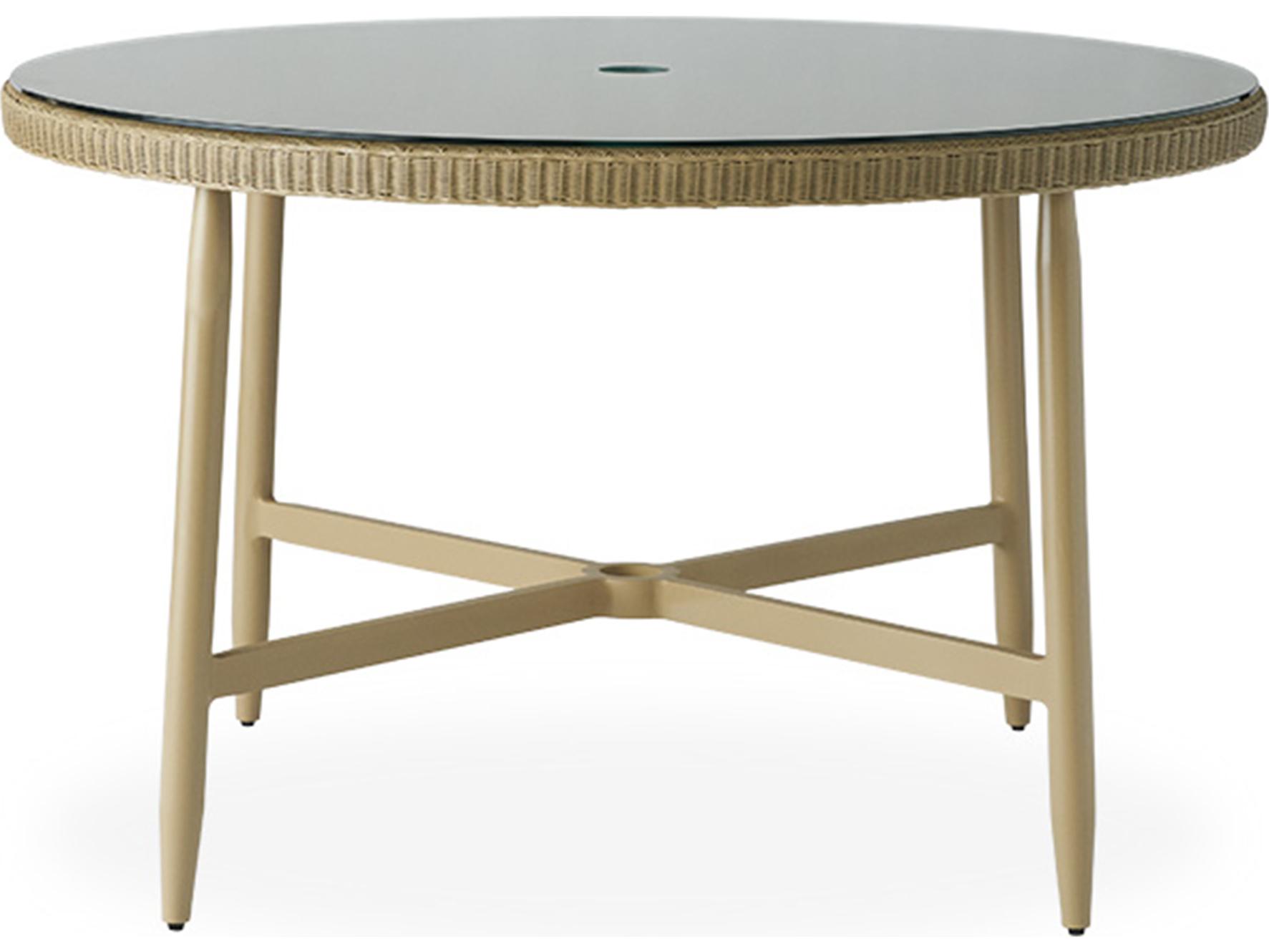 Lloyd Flanders Fairview Wicker Round Glass Top Patio Dining Table with Umbrella Hole