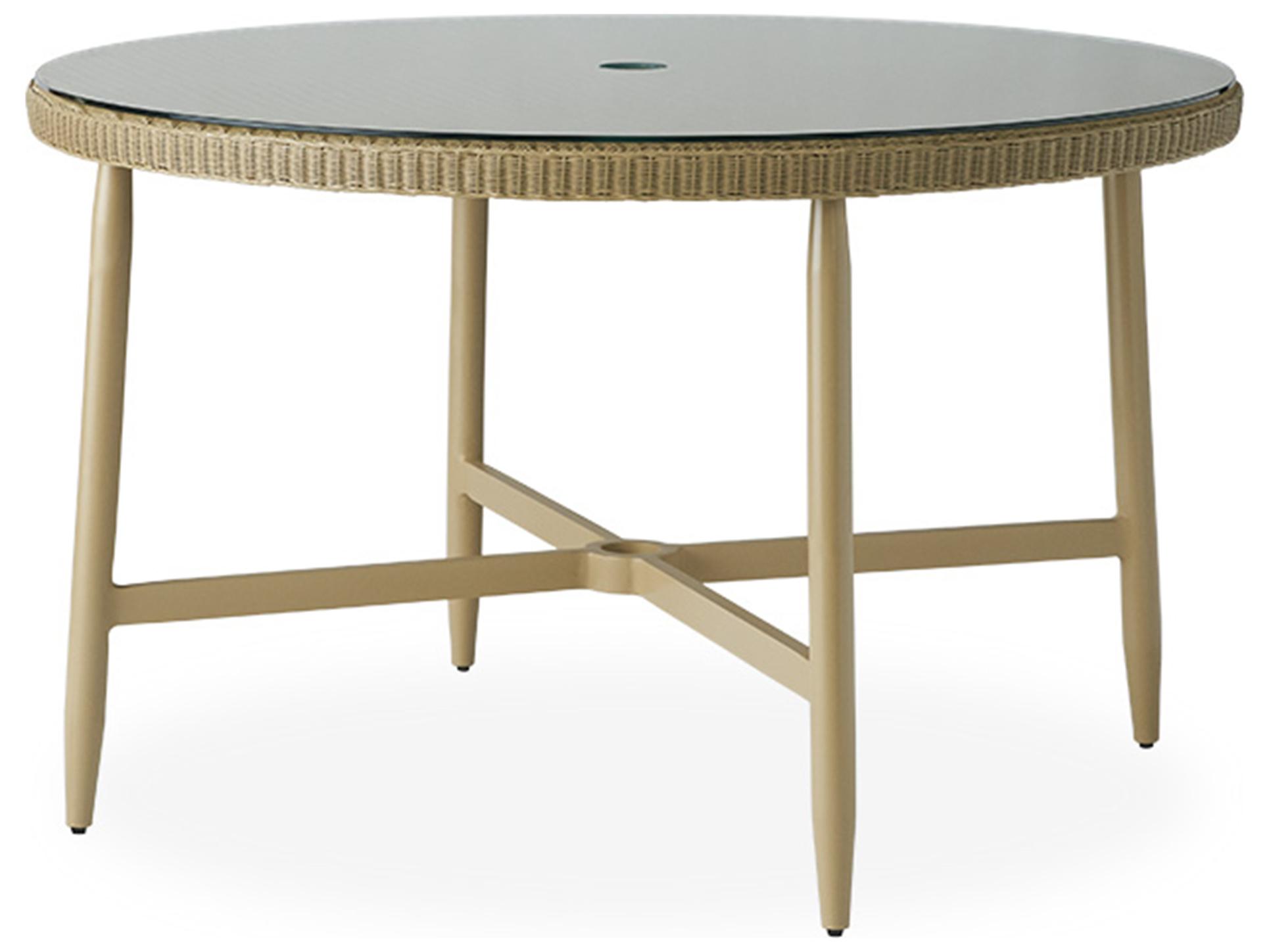 Lloyd Flanders Fairview Wicker Round Glass Top Patio Dining Table with Umbrella Hole