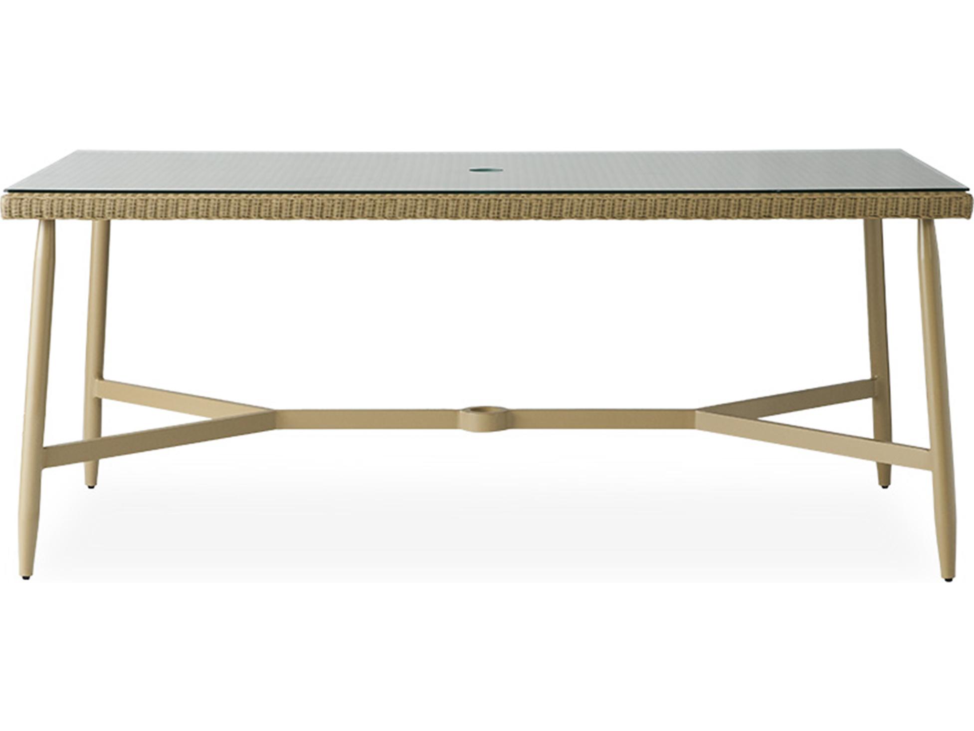 Lloyd Flanders Fairview Wicker Rectangular Glass Top Outdoor Dining Table with Umbrella Hole