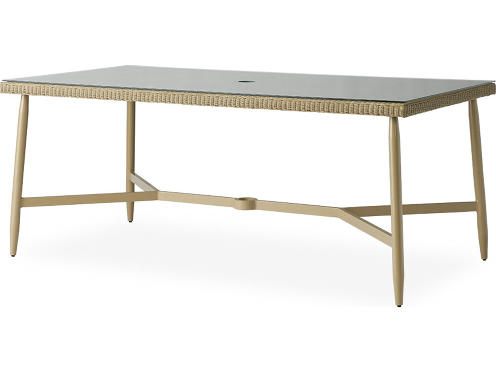 Lloyd Flanders Fairview Wicker Rectangular Glass Top Outdoor Dining Table with Umbrella Hole