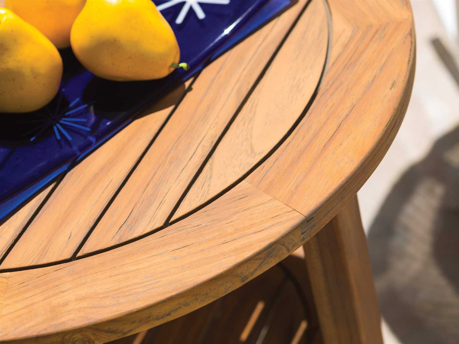 Lloyd Flanders Teak Round Tapered Leg Outdoor Patio End Table with Shelf