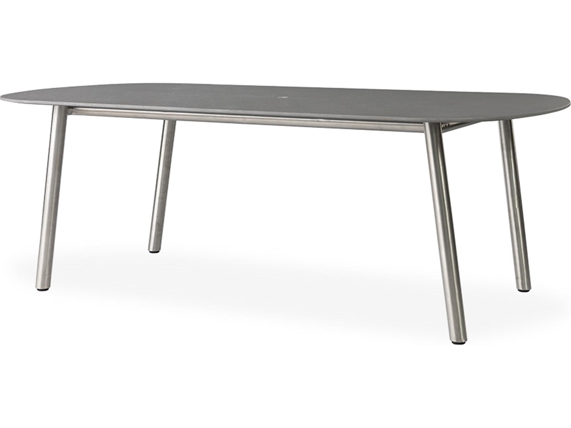 Lloyd Flanders Elevation Stainless Steel Oval Light Gray Corian Top Outdoor Patio Dining Table with Umbrella Hole