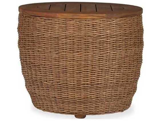 Lloyd Flanders Tobago Wicker Round Antiqued Teak Top Barrel Patio End Table