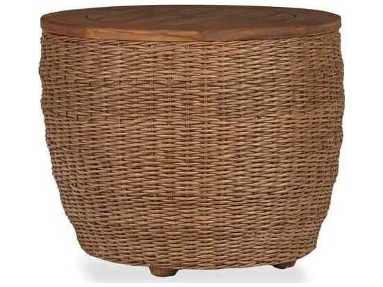 Lloyd Flanders Tobago Wicker Round Antiqued Teak Top Barrel Patio End Table
