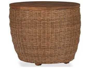 Lloyd Flanders Tobago Wicker Round Antiqued Teak Top Barrel Patio End Table