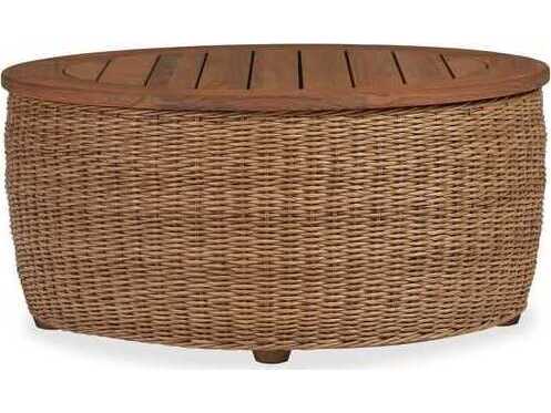 Lloyd Flanders Tobago Wicker Round Antiqued Teak Top Patio Coffee Table