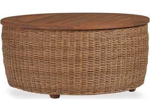 Lloyd Flanders Tobago Wicker Round Antiqued Teak Top Patio Coffee Table
