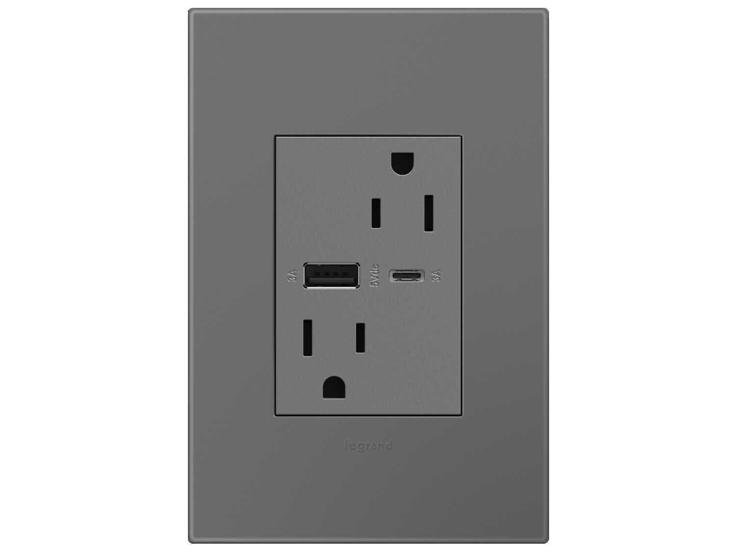 Legrand Adorne Magnesium Tamper-Resistant Ultra-Fast USB Type-A/C Outlet