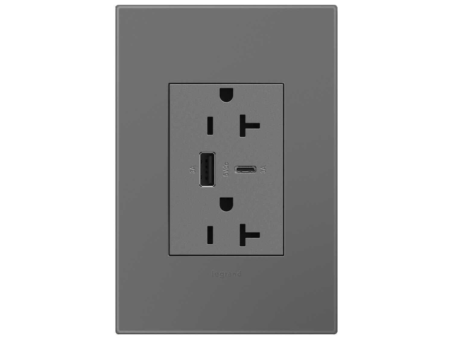 Legrand Adorne Magnesium Tamper-Resistant Ultra-Fast USB Type-A/C Outlet