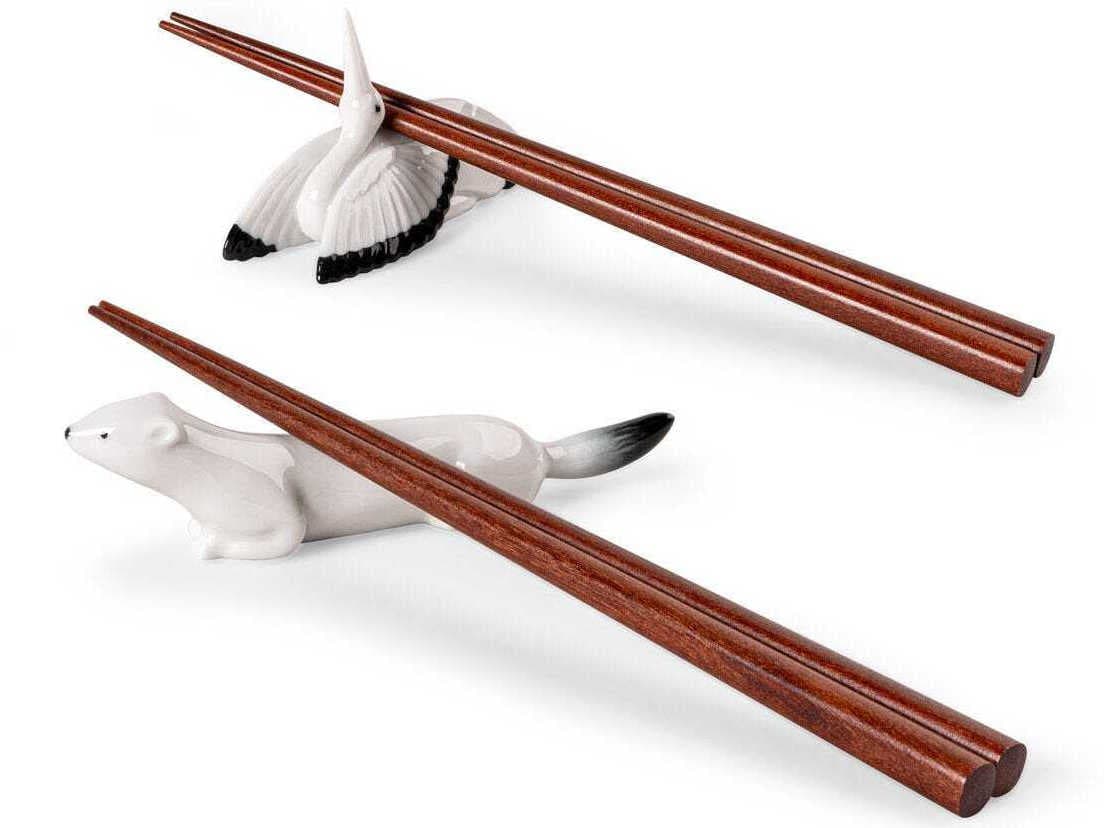 Lladro Ermine and Crane Chopsticks Set