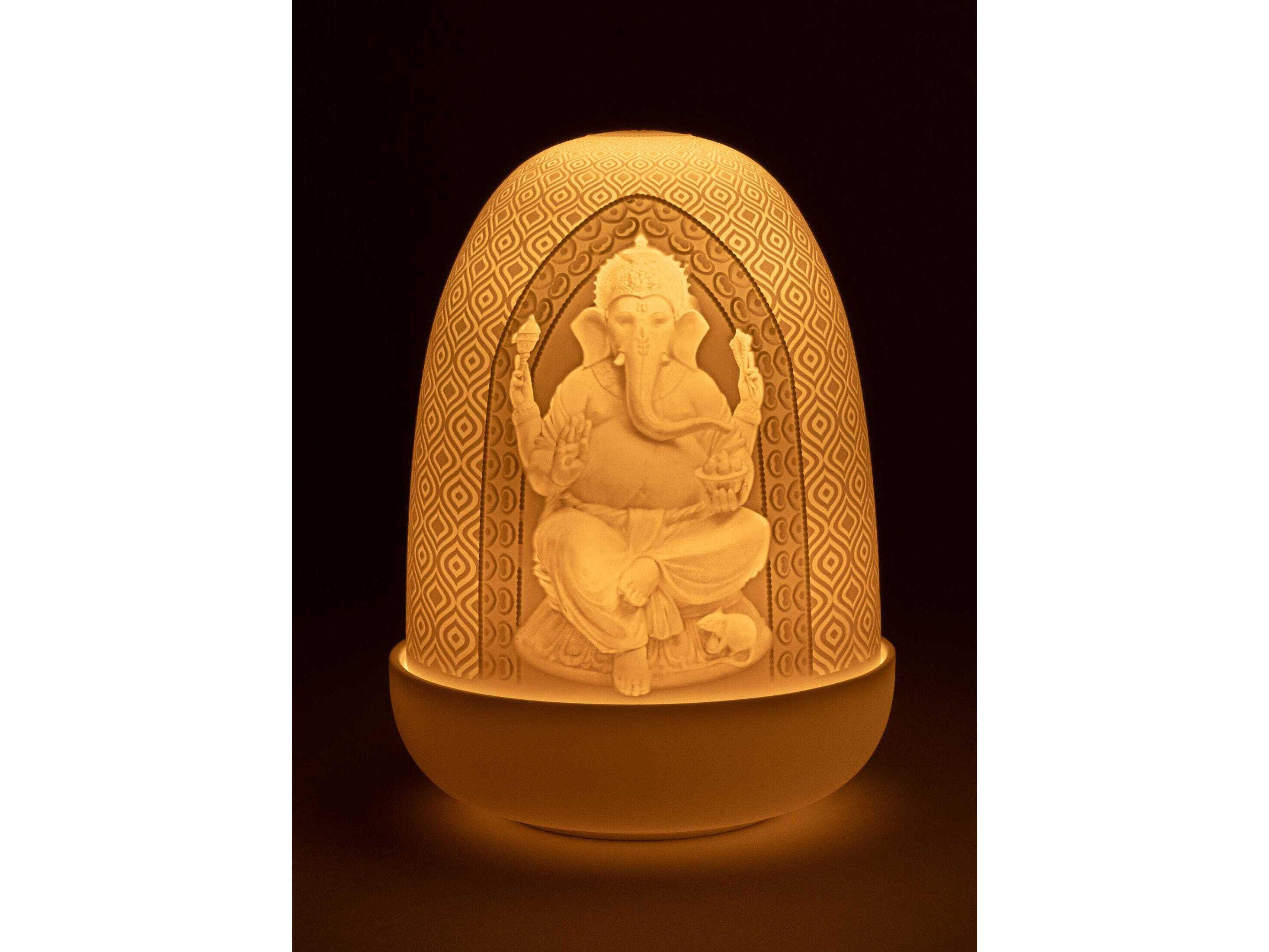 Lladro Lord Ganesha & Goddess Lakshmi Dome White Table Lamp