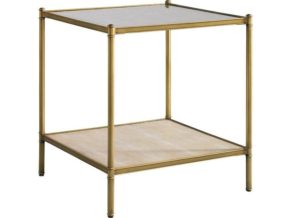 Lillian August Classics Anson Square Eglomise Mirror Pearl White Shagreen Aged Brass End Table