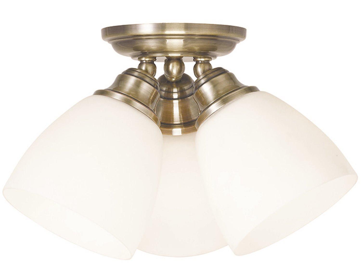 Livex Lighting Somerville 3-Light Antique Brass White Glass Bell Semi Flush Mount