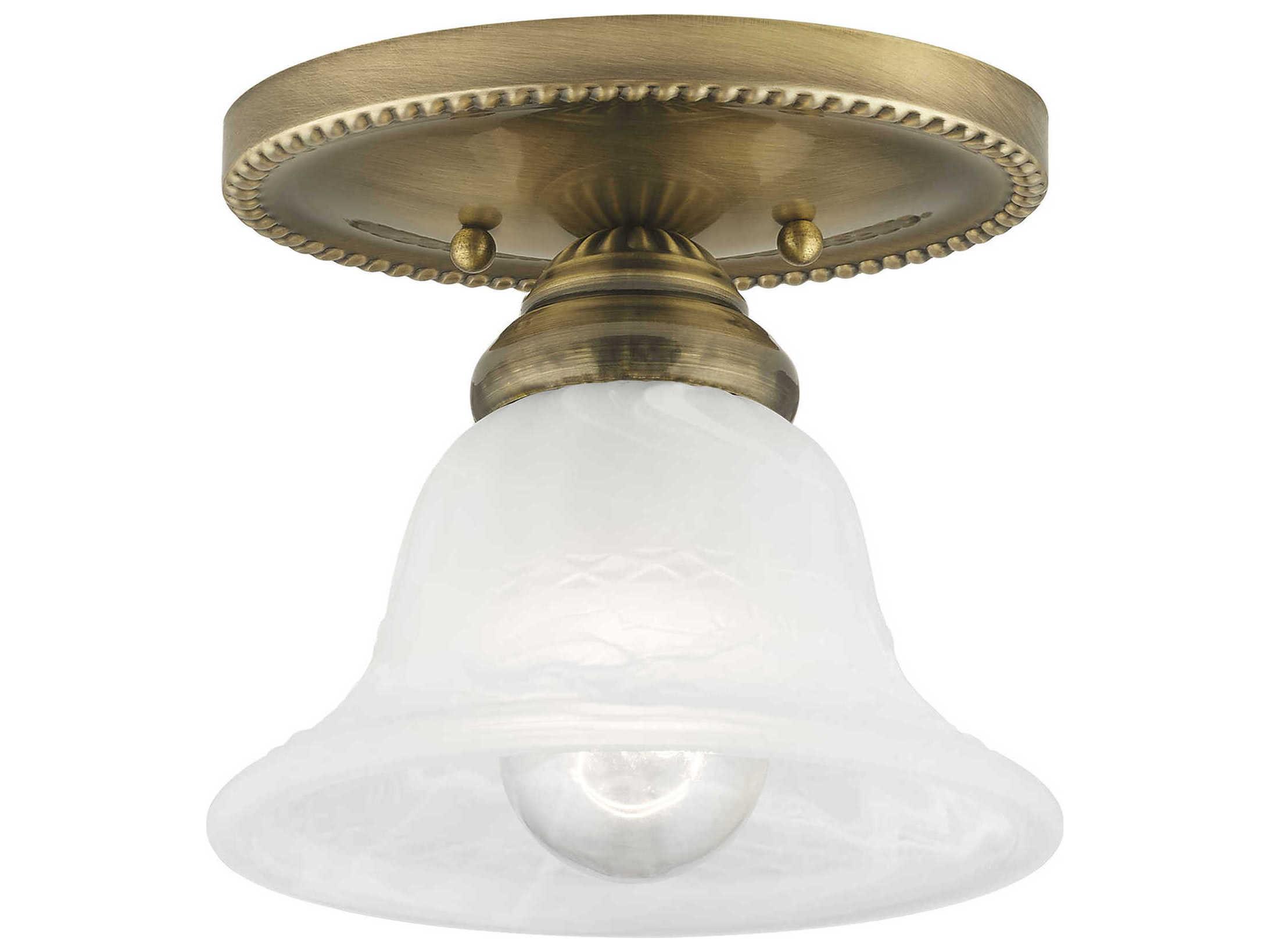 Livex Lighting Edgemont 1-Light Antique Brass White Glass Bell Semi Flush Mount