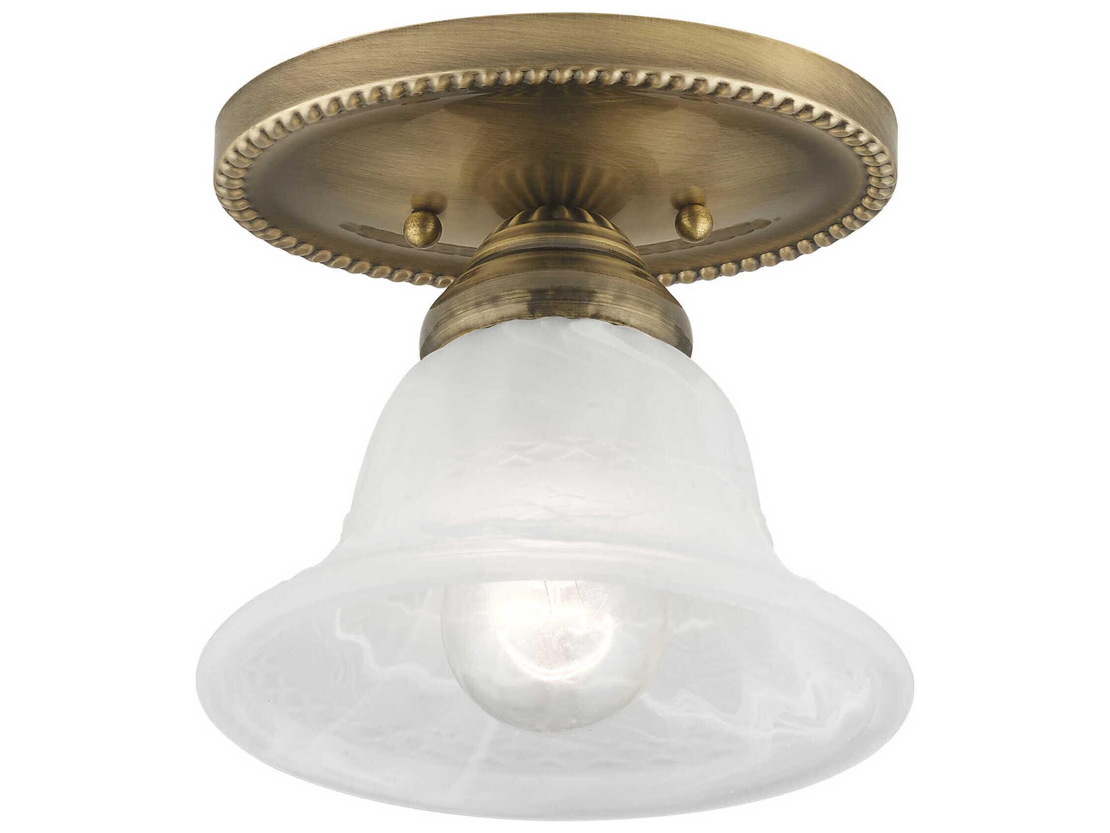 Livex Lighting Edgemont 1-Light Antique Brass White Glass Bell Semi Flush Mount