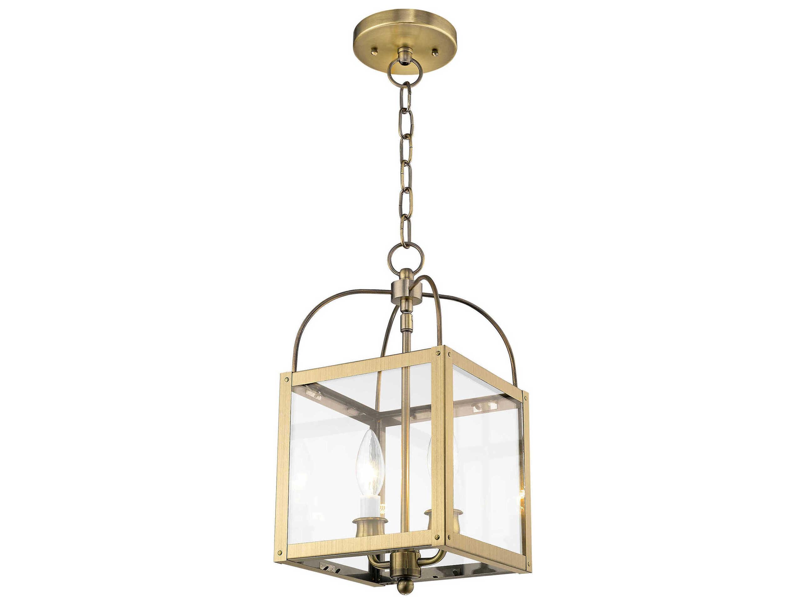 Livex Lighting Milford 2-Light Antique Brass Glass Lantern Semi Flush Mount