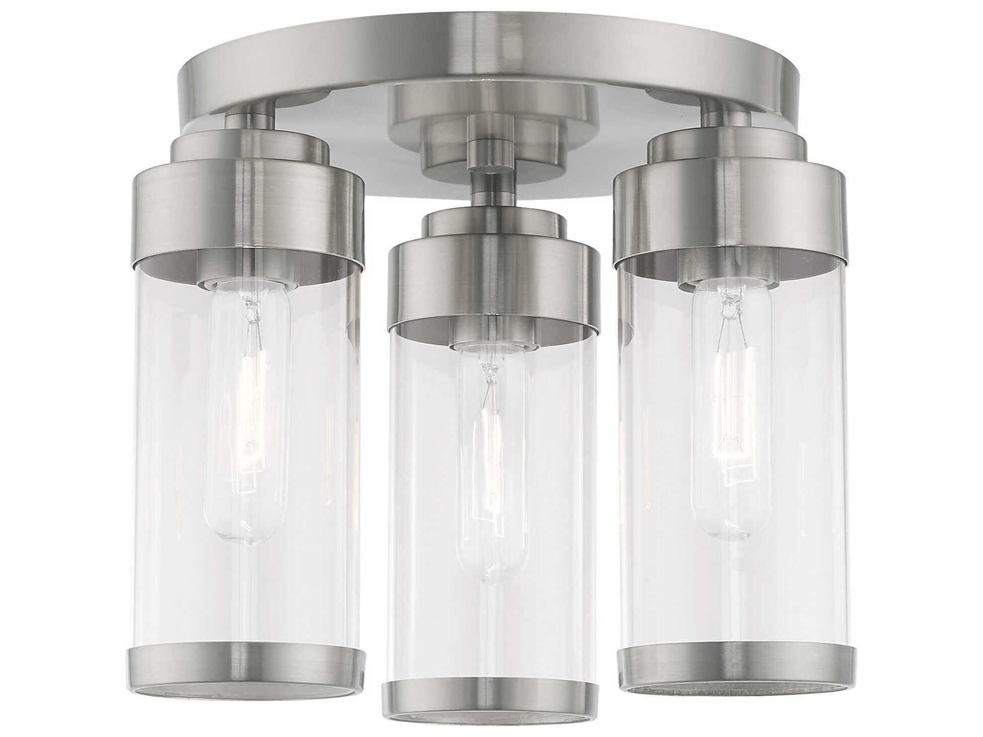 Livex Lighting Hillcrest 3-Light Brushed Nickel Clear Glass Cylinder Semi Flush Mount