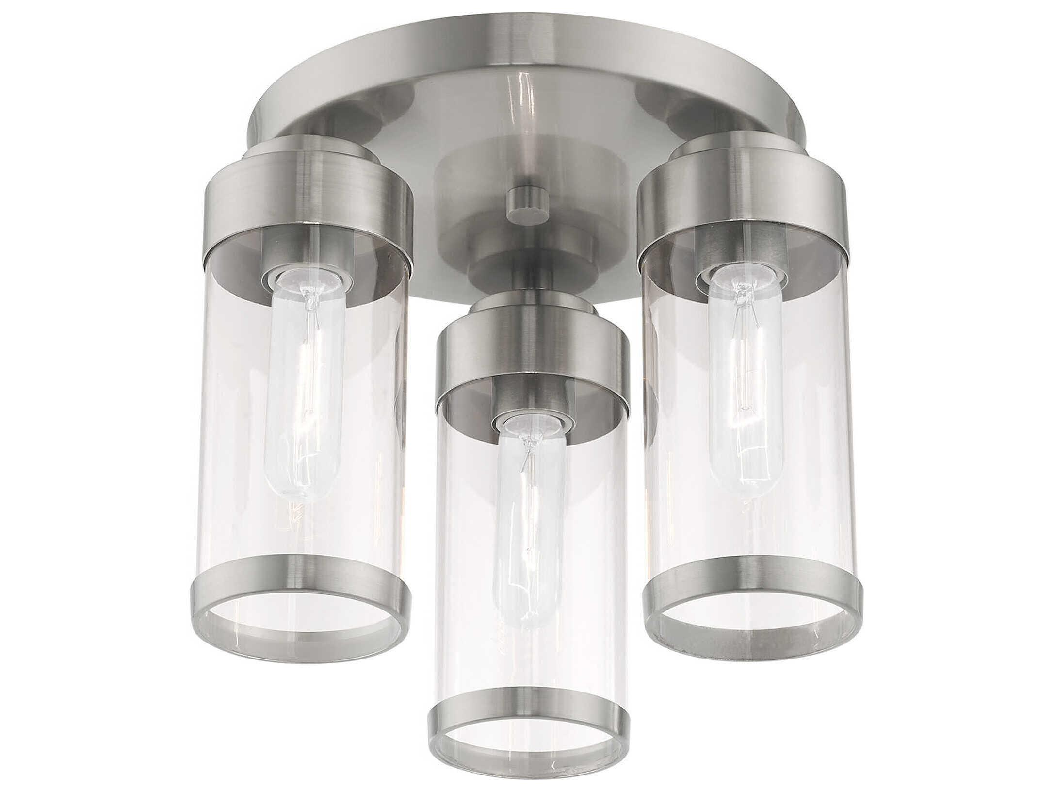 Livex Lighting Hillcrest 3-Light Brushed Nickel Clear Glass Cylinder Semi Flush Mount